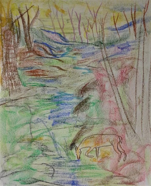 Peinture intitulée "DEER BY STREAM" par David Cade, Œuvre d'art originale, Pastel