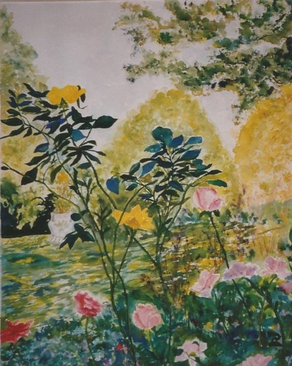 Schilderij getiteld "ROSE GARDEN" door David Cade, Origineel Kunstwerk, Aquarel