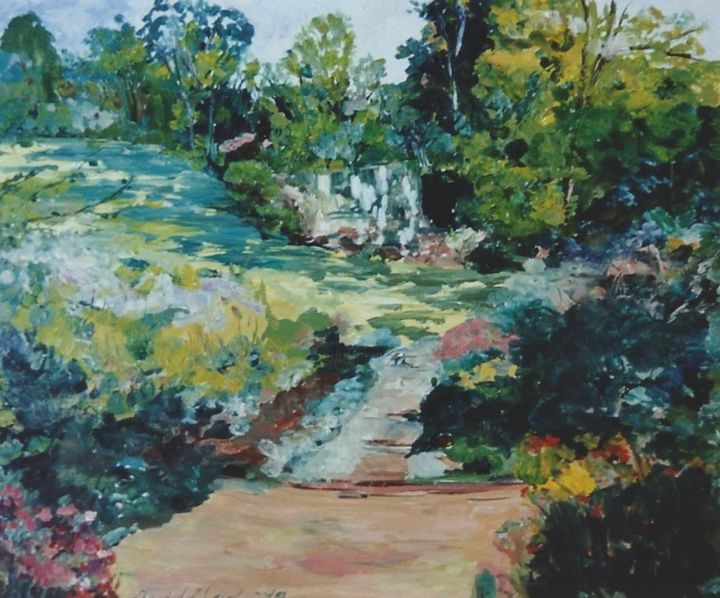 Painting titled "PARK WITH WATERFALL" by David Cade, Original Artwork, Oil