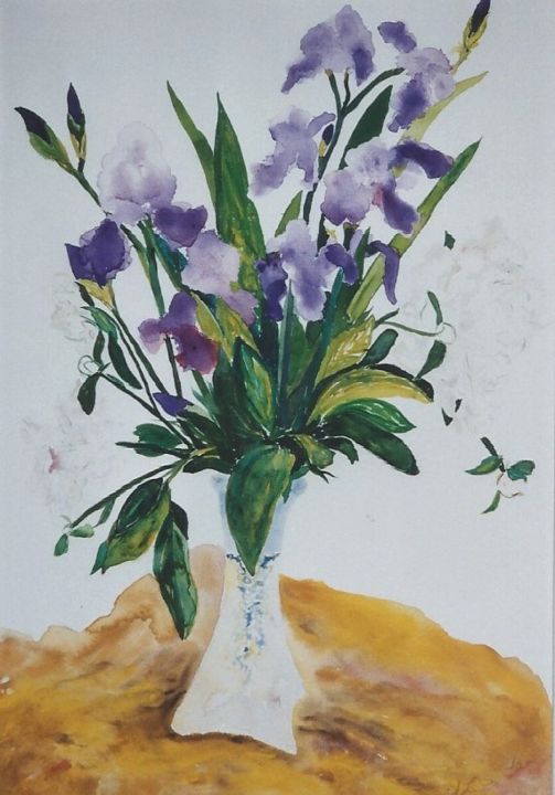 Peinture intitulée "IRIS WITH BLUE AND…" par David Cade, Œuvre d'art originale, Aquarelle