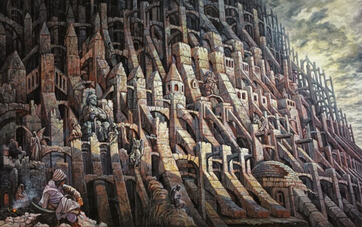 Schilderij getiteld "Contreforts de Babel" door David Lefebvre, Origineel Kunstwerk, Olie Gemonteerd op Frame voor houten br…
