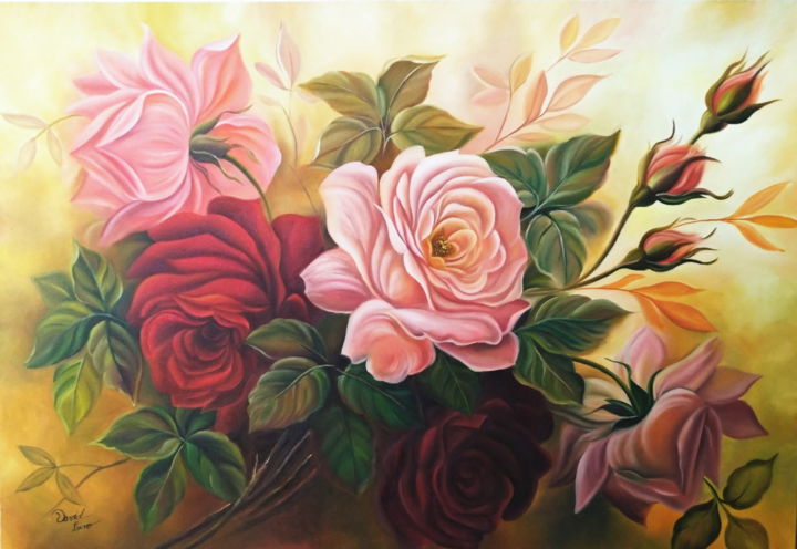 Pintura titulada "Oil Flower Paintings" por David Lino, Obra de arte original, Oleo