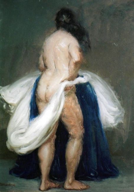 Pittura intitolato "Standing Woman with…" da David Moreschi, Opera d'arte originale, Olio