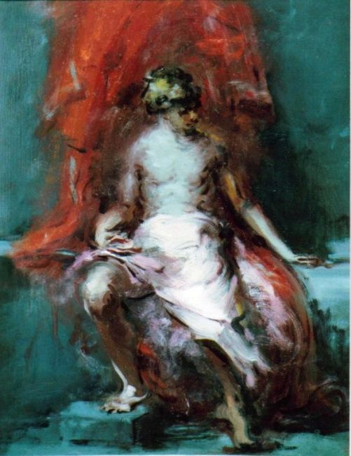 Peinture intitulée "Boy with Red Drapery" par David Moreschi, Œuvre d'art originale