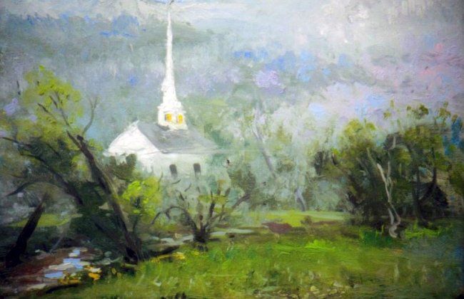 Schilderij getiteld "Church Early Mornin…" door David Moreschi, Origineel Kunstwerk