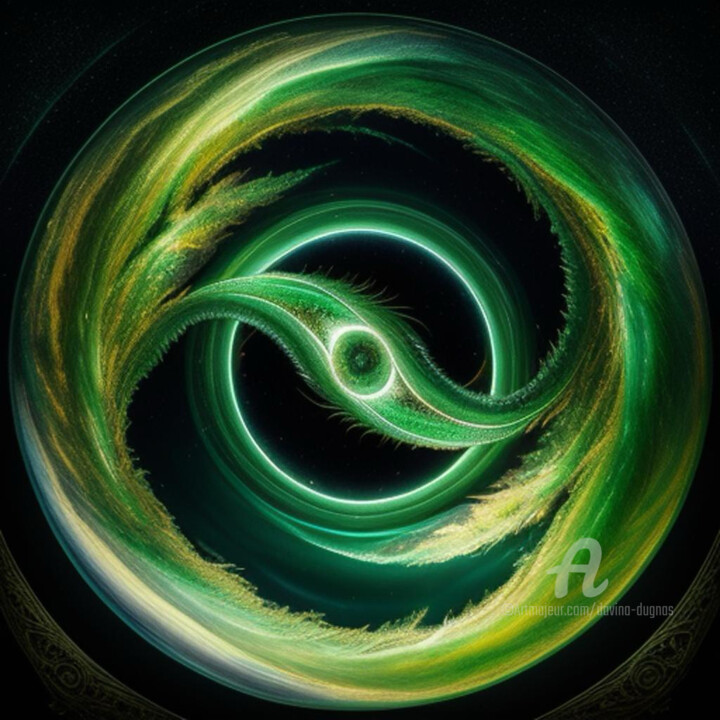 Digitale Kunst getiteld "Green Dragon Abstra…" door Davina Dugnas, Origineel Kunstwerk, AI gegenereerde afbeelding