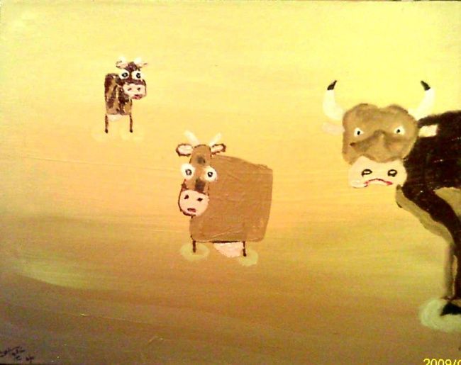 Schilderij getiteld "Cows in Custard" door David Stasin, Origineel Kunstwerk