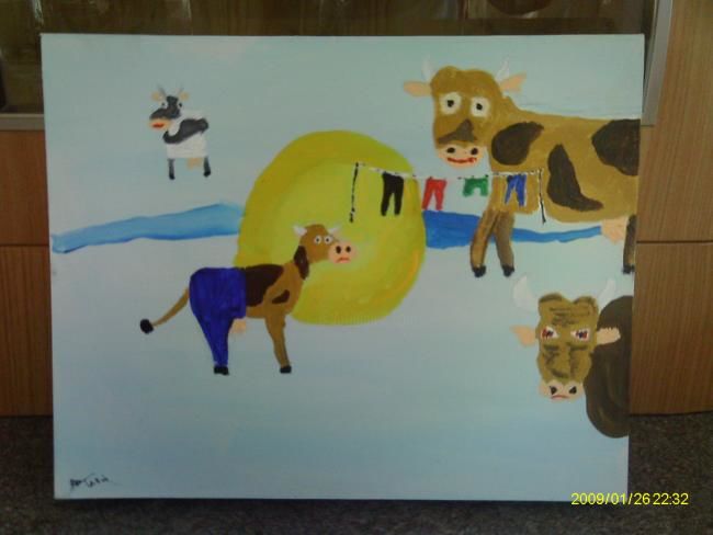 Schilderij getiteld "Cows in "trowsers"" door David Stasin, Origineel Kunstwerk, Olie
