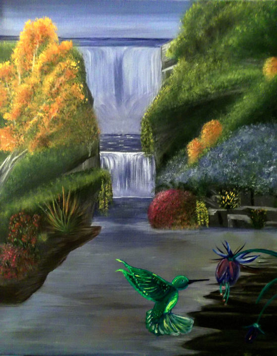 Painting titled "Humming Bird Falls" by Dawn Radloff, Original Artwork, Acrylic