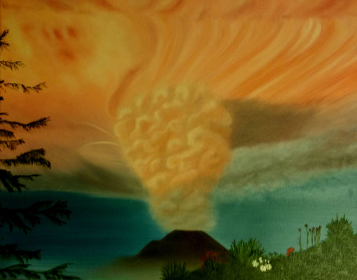 Painting titled "Calbuco Sunset" by Dawn Radloff, Original Artwork, Oil