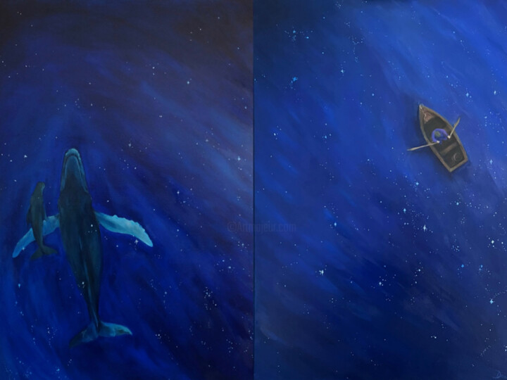 Painting titled "Whales and Wanderers" by Dawn Rodger, Original Artwork, Oil