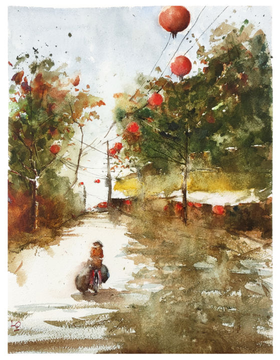 Schilderij getiteld "Hoi An Red lanterns…" door Lilou.Online Fine Arts Mangeart, Origineel Kunstwerk, Aquarel