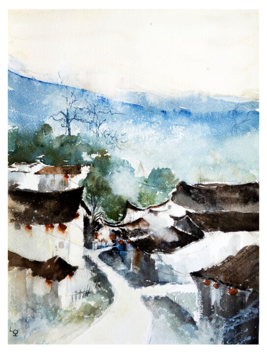 Malerei mit dem Titel "Japan Village Water…" von Lilou.Online Fine Arts Mangeart, Original-Kunstwerk, Aquarell