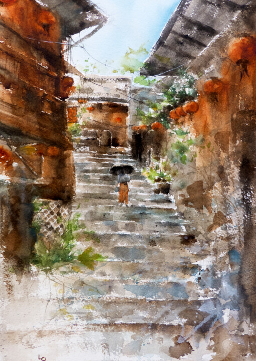 Painting titled "Jiufen Watercolour…" by Lilou.Online Fine Arts Mangeart, Original Artwork, Watercolor