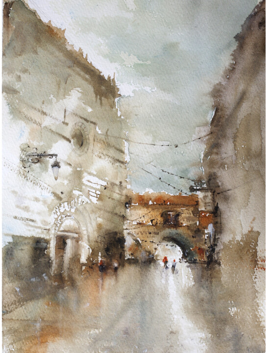 Painting titled "Beynac France Citys…" by Lilou.Online Fine Arts Mangeart, Original Artwork, Watercolor