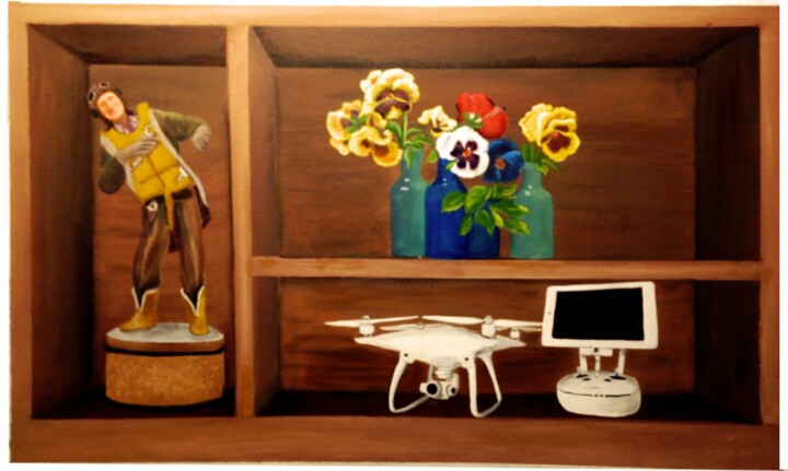 Painting titled "Dad's Drone" by Dawna Taylor Jones Jones, Original Artwork, Digital Print Mounted on Wood Panel