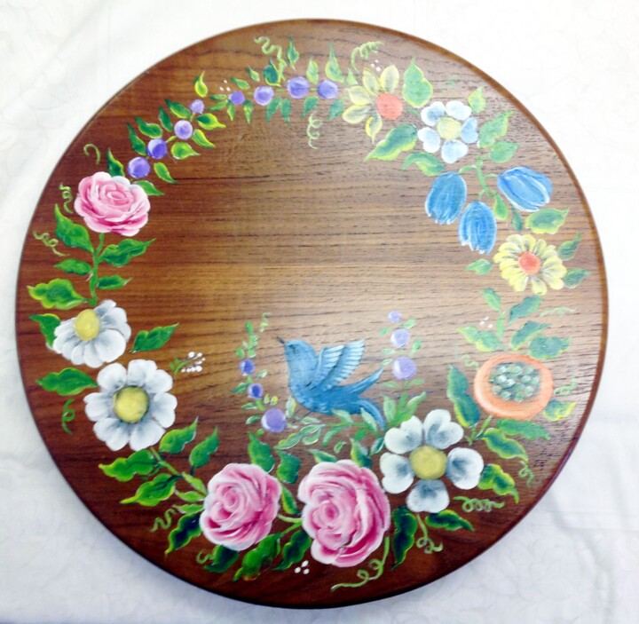Painting titled "Floral wooden plate" by Dawna Taylor Jones Jones, Original Artwork, Acrylic