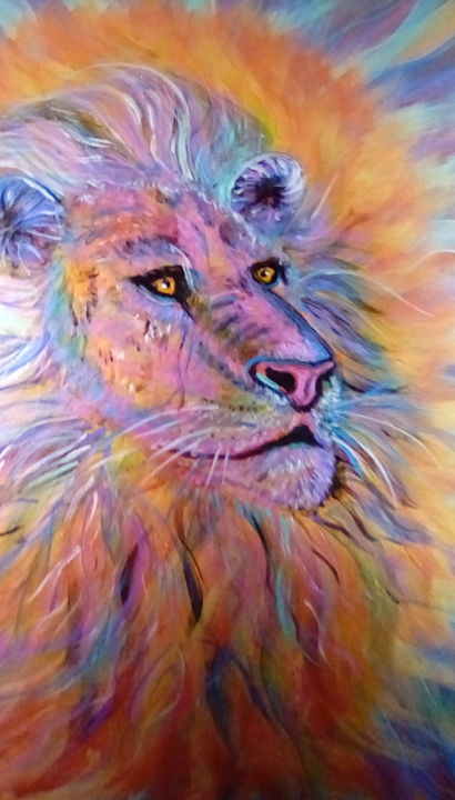 Painting titled "Lionhearted" by Dawneve Sunshine, Original Artwork, Acrylic Mounted on Cardboard