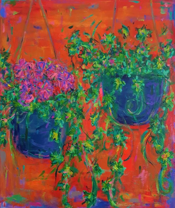 Painting titled "Hanging Baskets" by Dawn Underwood, Original Art, Acrylic