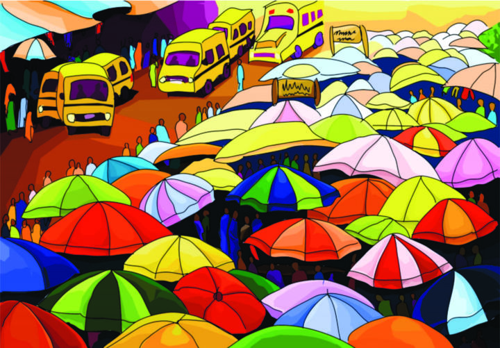 Arte digitale intitolato "Umbrella Market" da Dayo Adeyemi, Opera d'arte originale, Pittura digitale