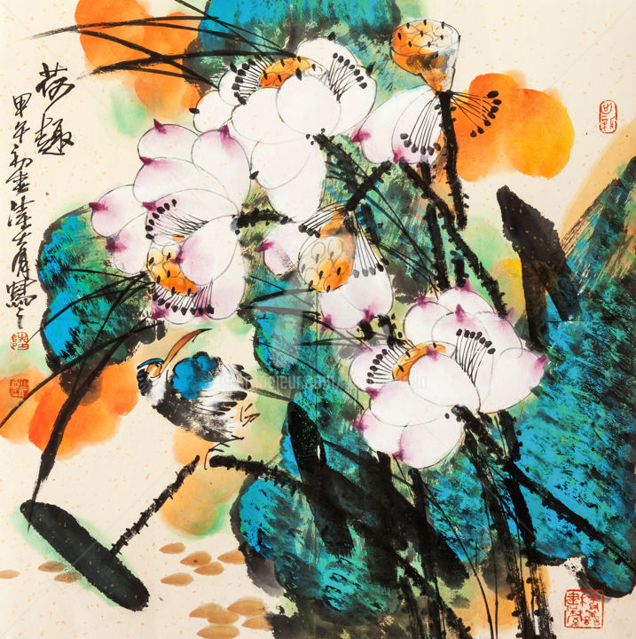 Painting titled "Fun in Lotus" by Dayou Lu, Original Artwork, Ink