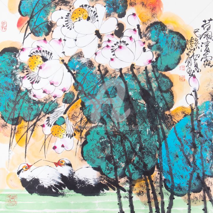 绘画 标题为“Lotus dew 荷风清露 (No.…” 由Dayou Lu, 原创艺术品, 颜料