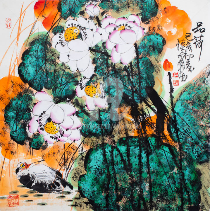 Painting titled "Feel the Lotus 品荷 (…" by Dayou Lu, Original Artwork, Pigments