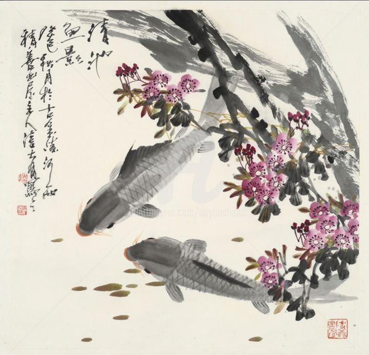 Painting titled "Happy fish 清池鱼影 （No…" by Dayou Lu, Original Artwork, Pigments