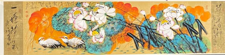 Картина под названием "Lotus pond and clea…" - Dayou Lu, Подлинное произведение искусства, Пигменты