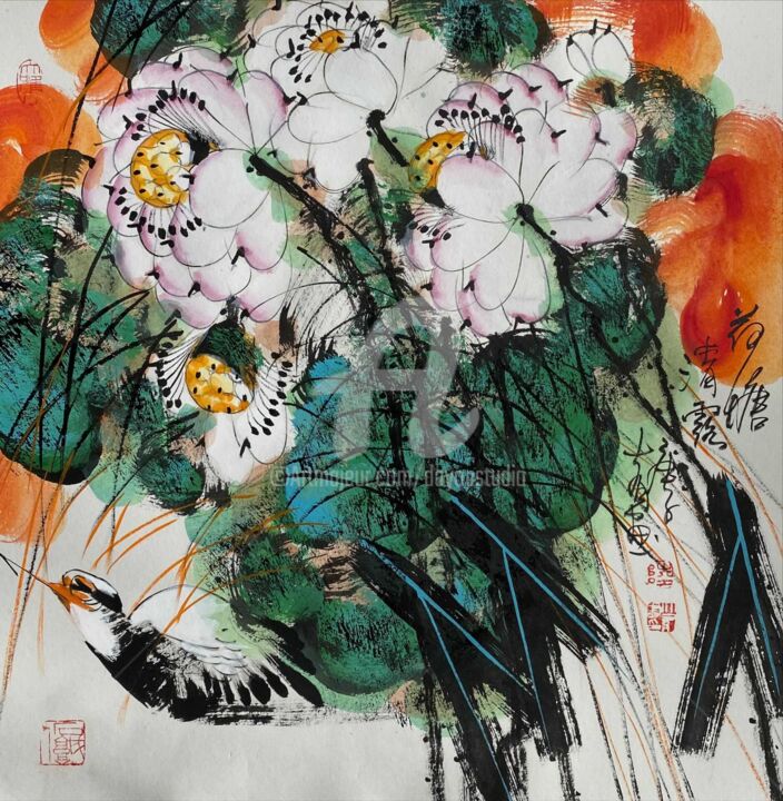 Painting titled "Lotus pond and clea…" by Dayou Lu, Original Artwork, Pigments