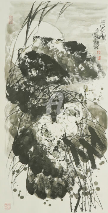 Painting titled "Three Herons 三思图 （N…" by Dayou Lu, Original Artwork, Ink