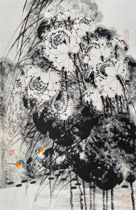 Painting titled "Fun in the Lotus po…" by Dayou Lu, Original Artwork, Ink