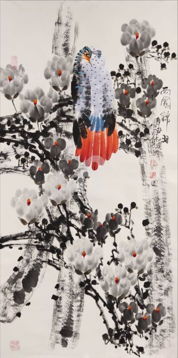 Painting titled "Beautiful feather i…" by Dayou Lu, Original Artwork, Pigments