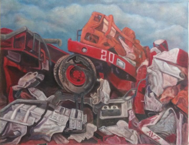 Painting titled "9-11 Scrapyard" by Ariel Velez, Original Artwork, Oil