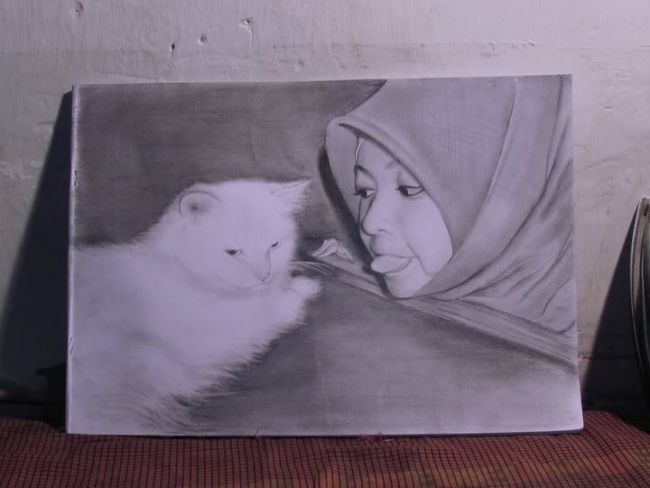 Dibujo titulada "girl with her cat" por Prabowo, Obra de arte original, Otro