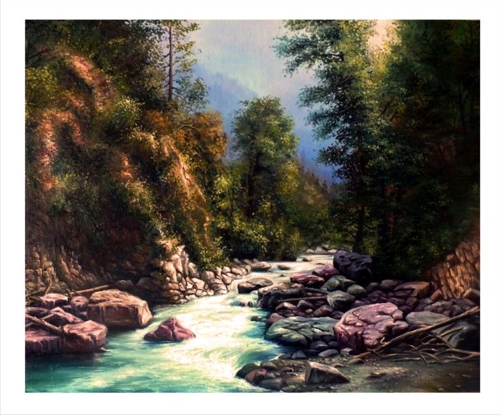 Painting titled "горная река" by Oleg Erokhin, Original Artwork, Oil