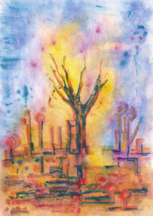 Painting titled "The tree on the road" by Dea Lieotto, Original Artwork, Watercolor