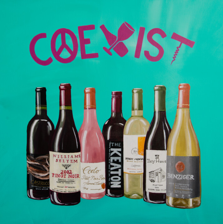 Malerei mit dem Titel "Coexist - Wine Pain…" von Deb Breton, Original-Kunstwerk, Acryl