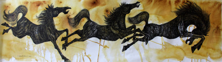 Painting titled "galloping-horses-70…" by Debabrata Biswas, Original Artwork, Ink