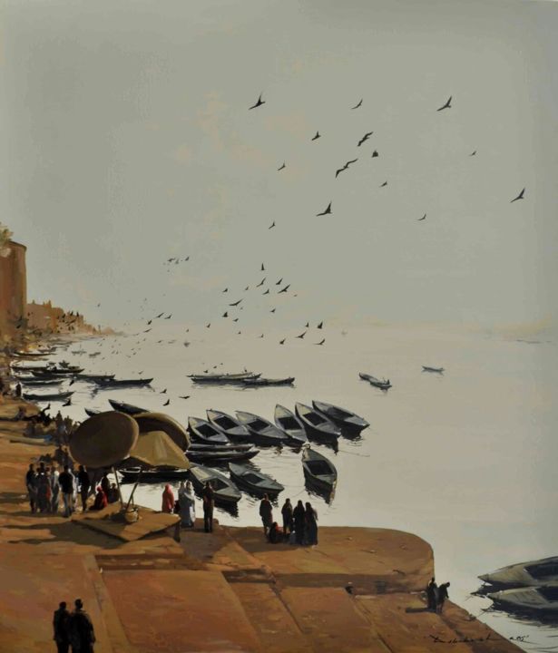 Painting titled "Riverbank" by Debabrata Sarkar, Original Artwork, Acrylic