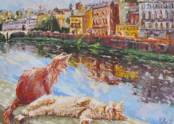 Malerei mit dem Titel "Cats City Houses An…" von Viktoria Debda, Original-Kunstwerk, Öl