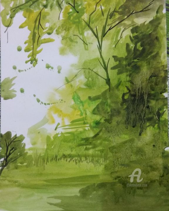 Painting titled "The Green haze" by Debjyoti Chakraborty, Original Artwork, Watercolor