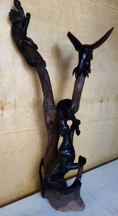 Sculpture titled "Ebony cheetah and s…" by Obed Omwange, Original Artwork, Wood