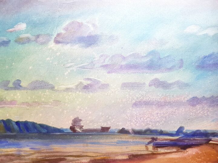 Картина под названием "The heavenly sea ov…" - Debora Esenkova, Подлинное произведение искусства, Акварель