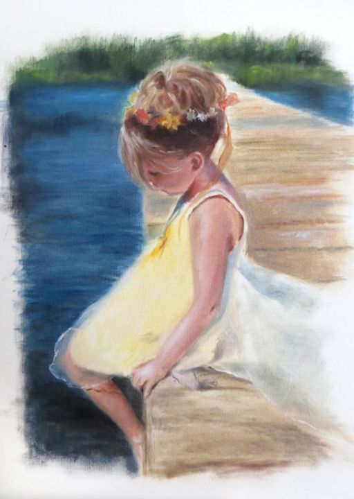 Painting titled "Child on the pier" by Calidè, Original Artwork, Oil