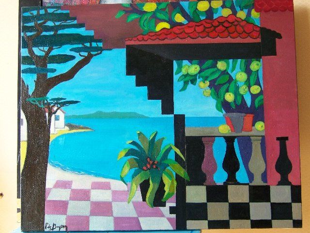 Painting titled "La terrasse" by Patricia De Boysson, Original Artwork, Oil Mounted on Wood Stretcher frame