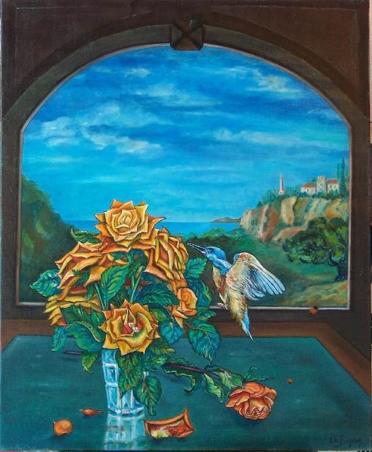 Painting titled "l'oiseau de paradis" by Patricia De Boysson, Original Artwork, Oil Mounted on Wood Stretcher frame