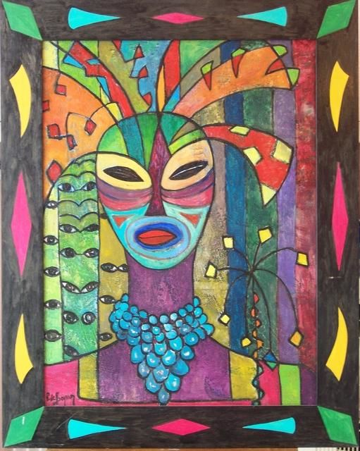 Painting titled "masque" by Patricia De Boysson, Original Artwork, Oil Mounted on Wood Stretcher frame