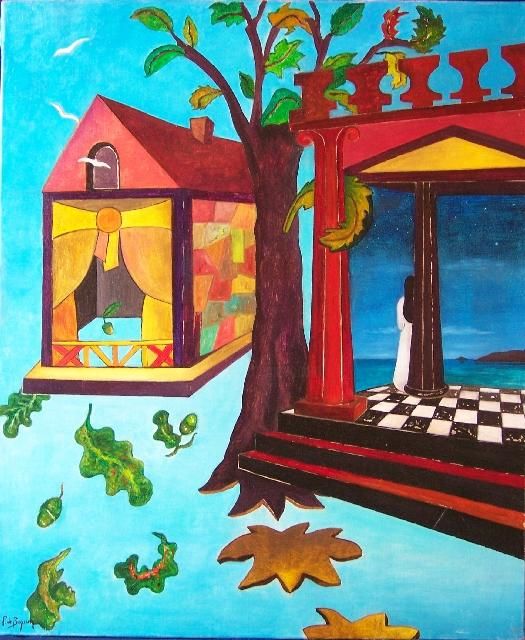 「La maison」というタイトルの絵画 Patricia De Boyssonによって, オリジナルのアートワーク, オイル ウッドストレッチャーフレームにマウント