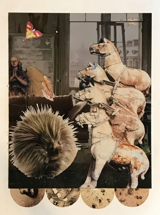 Collages intitolato "Angel, 4 Horses, &…" da Debra Rogers, Opera d'arte originale, Collages Montato su Altro pannello rigido